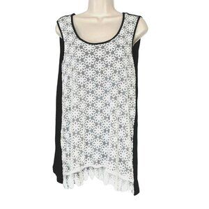 Isela Knit Tank Top Sleeveless Women Size M Black White Embroidered Overlay